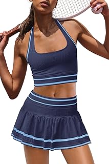 Women 2 Piece Tennis Skirt Sets Workout Set Halter Sports Bra and Golf Skort Athletic Outfits