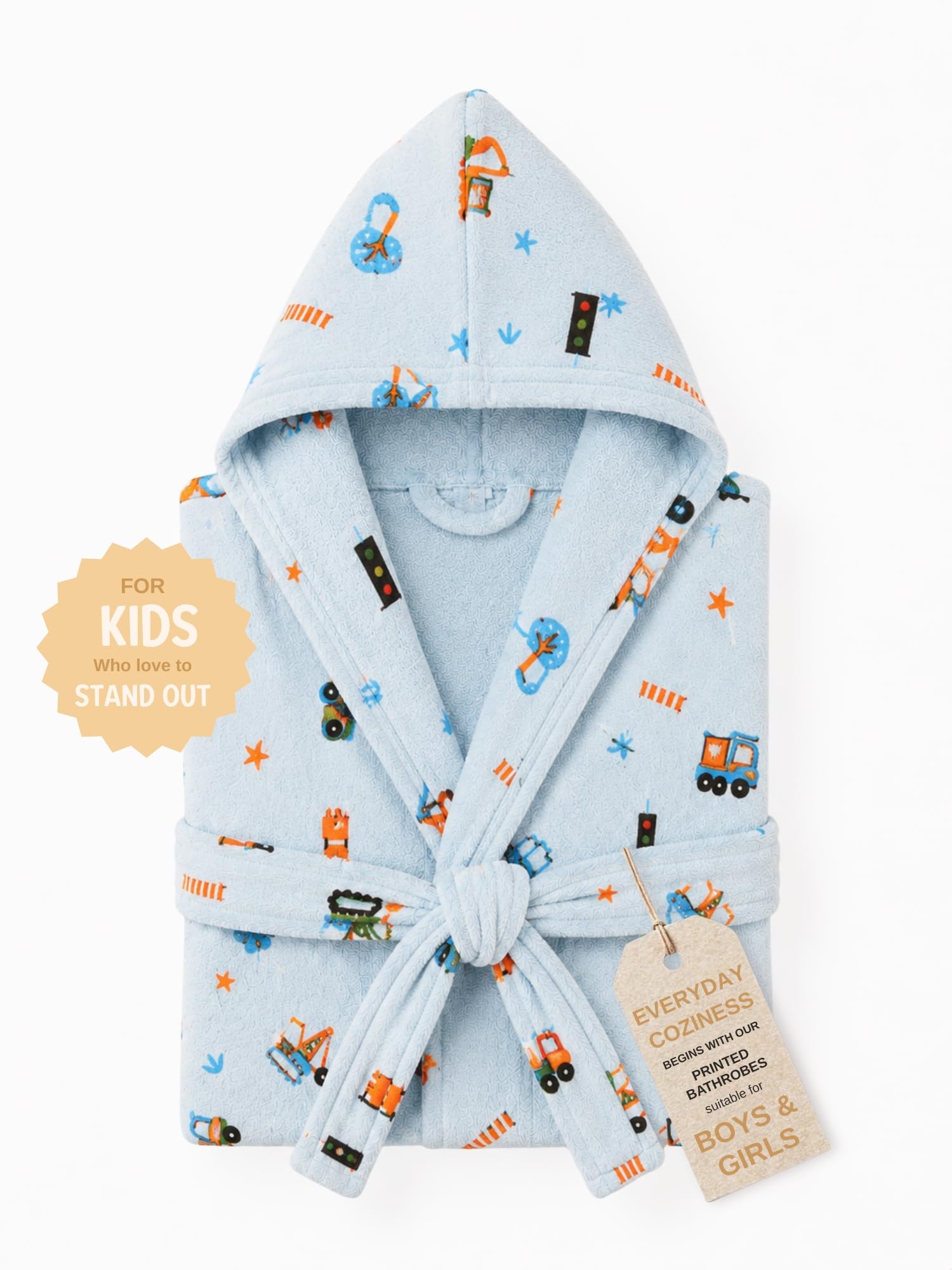 RANGOLI Premium Kids Unisex 100% Cotton Terry Hooded Bathrobe for Boys & Girls in 400 GSM with Full Sleeves, Knee Length & Elegant Printed Design (Blue-13 to 14 Years)