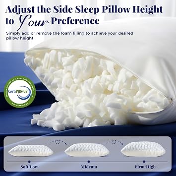 Side Sleeper Pillow for Neck & Shoulder Support, Shredded Memory Foam Pillow Adjustable Bed Pillows With Curved Contour Design, Comfort Support Cooling Pillow- Extra Fill Included, 71 * 47.5cm