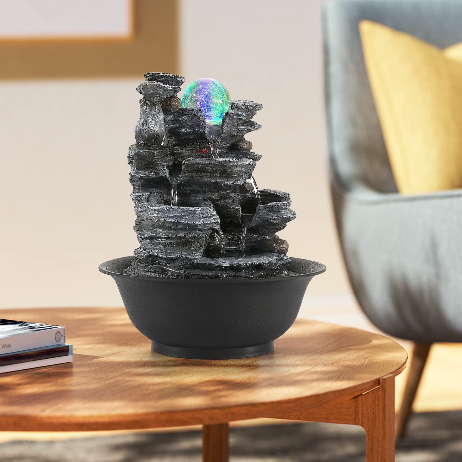 Dyna-Living Fontaine d'intérieur avec boule roulante - Fontaine en polyrésine - Éclairage LED - Multicolore - Plateau de table - Fontaine d'eau pour jardin de rocaille