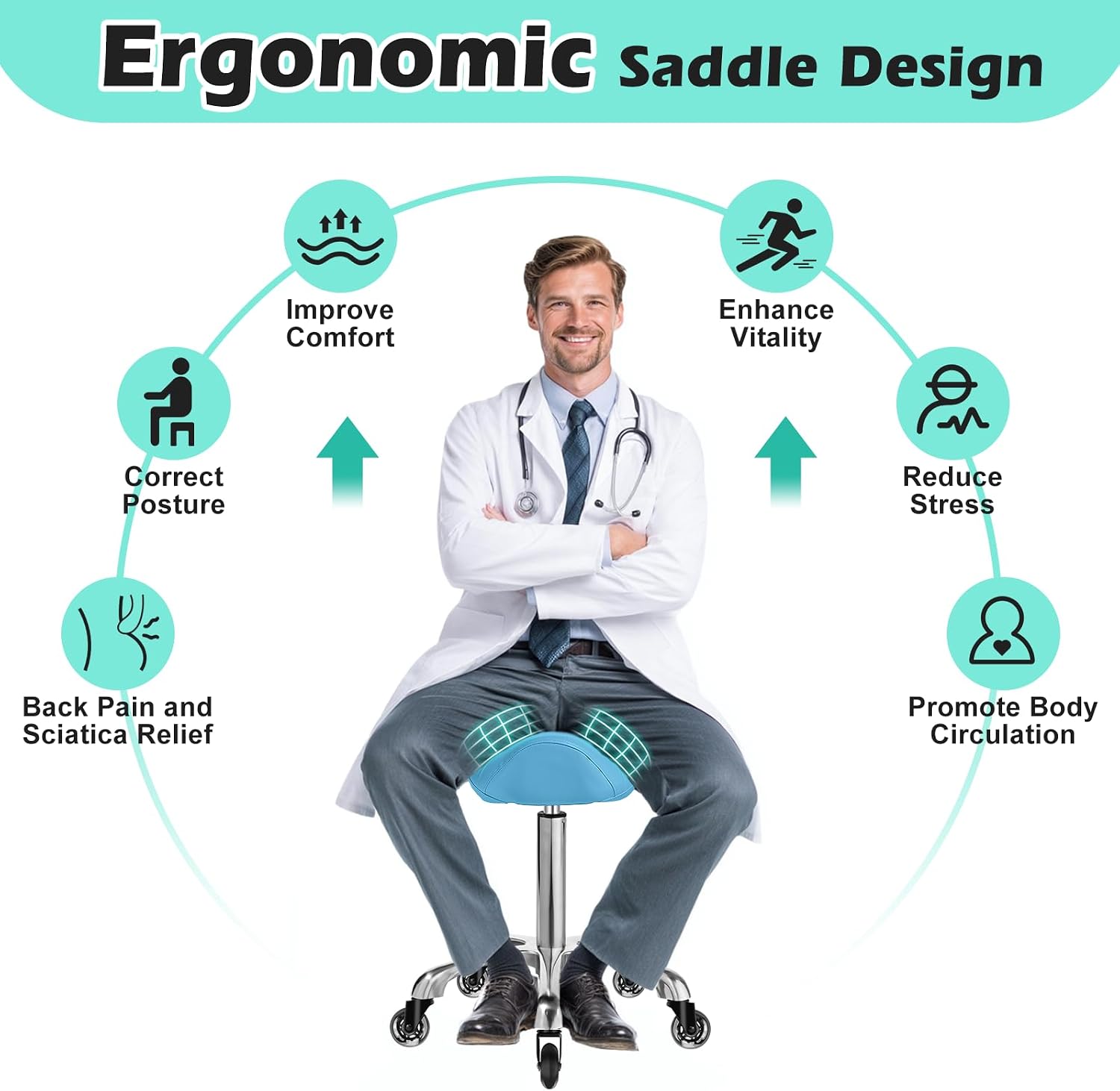YEEZEE Ergonomic Saddle Stool, Adjustable Saddle Chair with Wheels, Blue