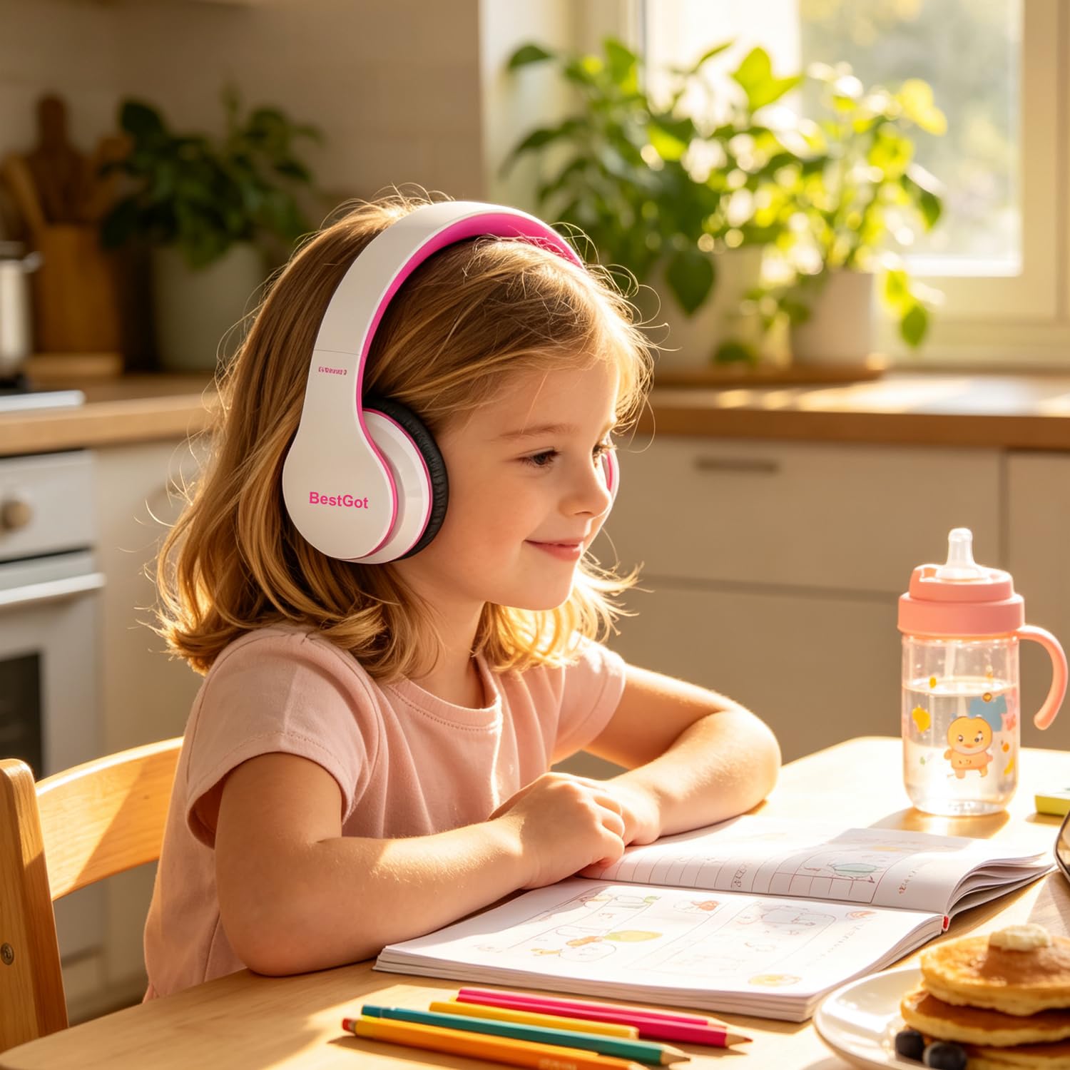BT6002 - Auriculares inalámbricos Bluetooth para niños, volumen limitado, 85/110 dB, para escuela, plegables, para 60 horas, PC, teléfono, tabletas, TV (blanco/rosa)