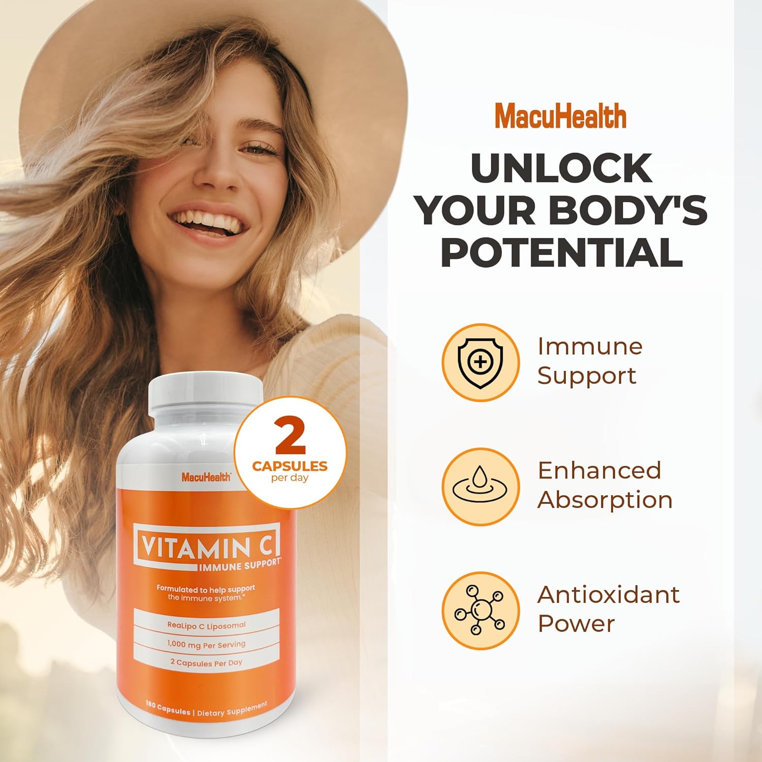 Macuhealth Liposomal Vitamin C 1000MG Per Serving - High Bioavailablity Vitamin with Fat-Soluble Antioxidants and Enhanced Absorption - 3 Month Supply