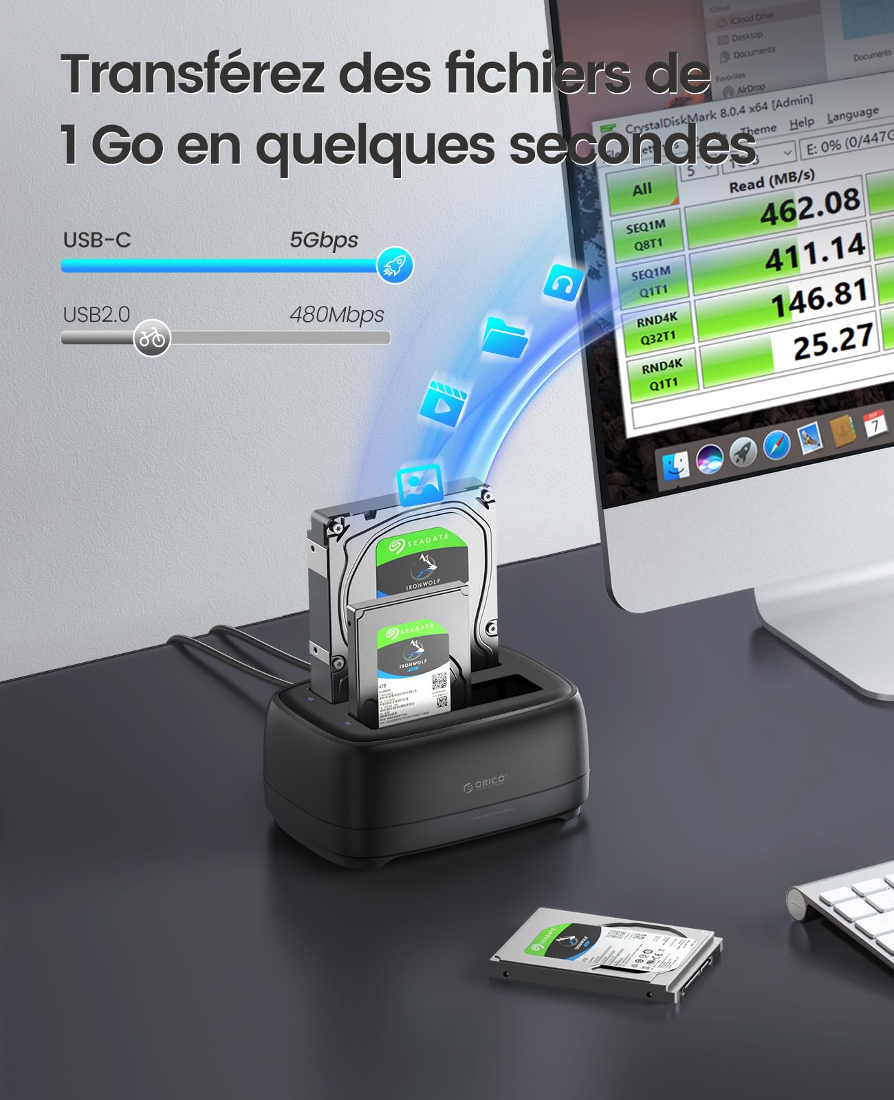 ORICO USB C Station d'accueil pour Disque Dur SATA 2,5"/3,5", 2 Baies Boitier Disque Dur Jusqu'à 40 to, Dock HDD SSD sans Outils, UASP, Alimentation et câble USB Inclus (DD28C3)