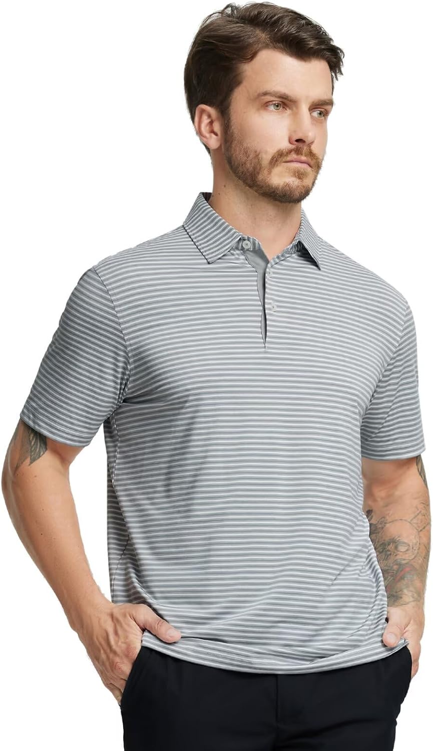 M MAELREG Golf Polo Shirts for Men Stripe Performance Moisture Wicking Dry Fit Collared Mens Polo Shirts Short Sleeve