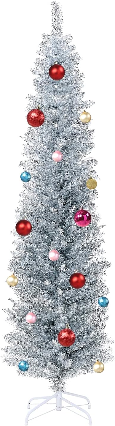 Wellwood 6 ft Silver Tinsel Pencil Christmas Tree with 24ct Ornament Set & Metal Stand