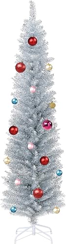 Wellwood Árbol de Navidad de lápiz de oropel plateado de 6 pies con juego de adornos de 24 quilates y soporte de metal