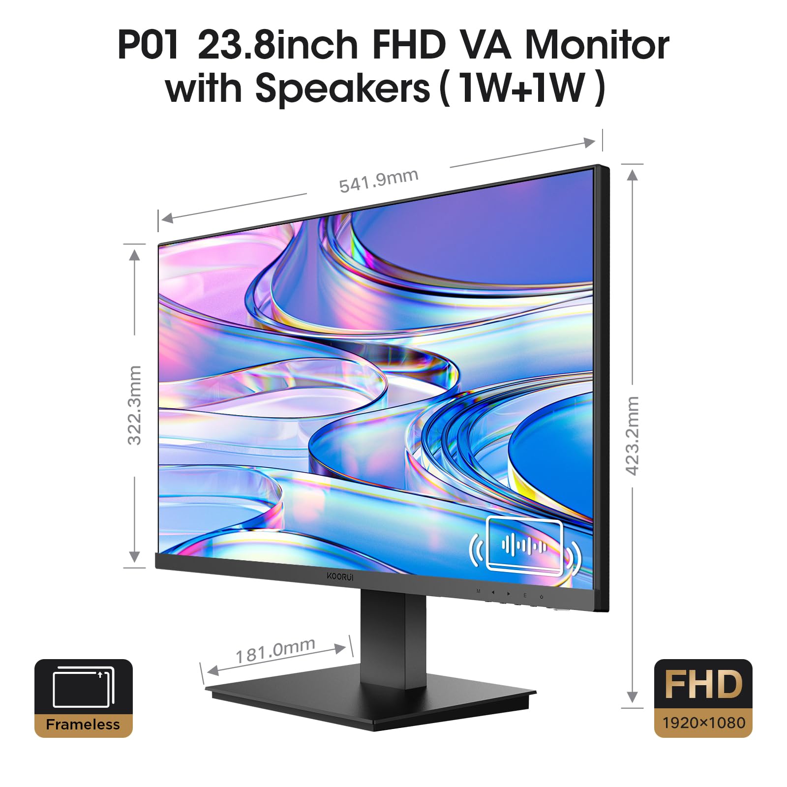 KOORUI Gaming Monitor 24 Pollici, Altoparlanti Incorporati, FHD 1920x1080p, 100Hz, HDMI, VGA, Montabile VESA 75x75 mm, Adaptive Sync, Cura Degli Occhi e Pannelli ultra Sottili, Nero