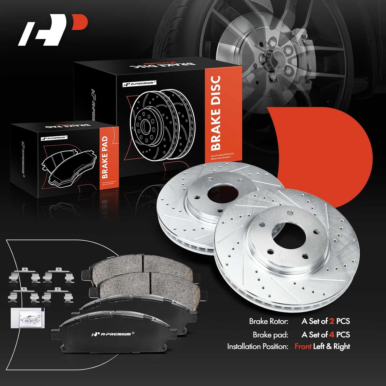 A-Premium 11.42 in (290.00 mm) Front Drilled and Slotted Disc Brake Rotors + Ceramic Pads Kit Compatible with Select Nissan Models - Quest 2004-2009/2011-2017, 3.5L, 6-PC Set