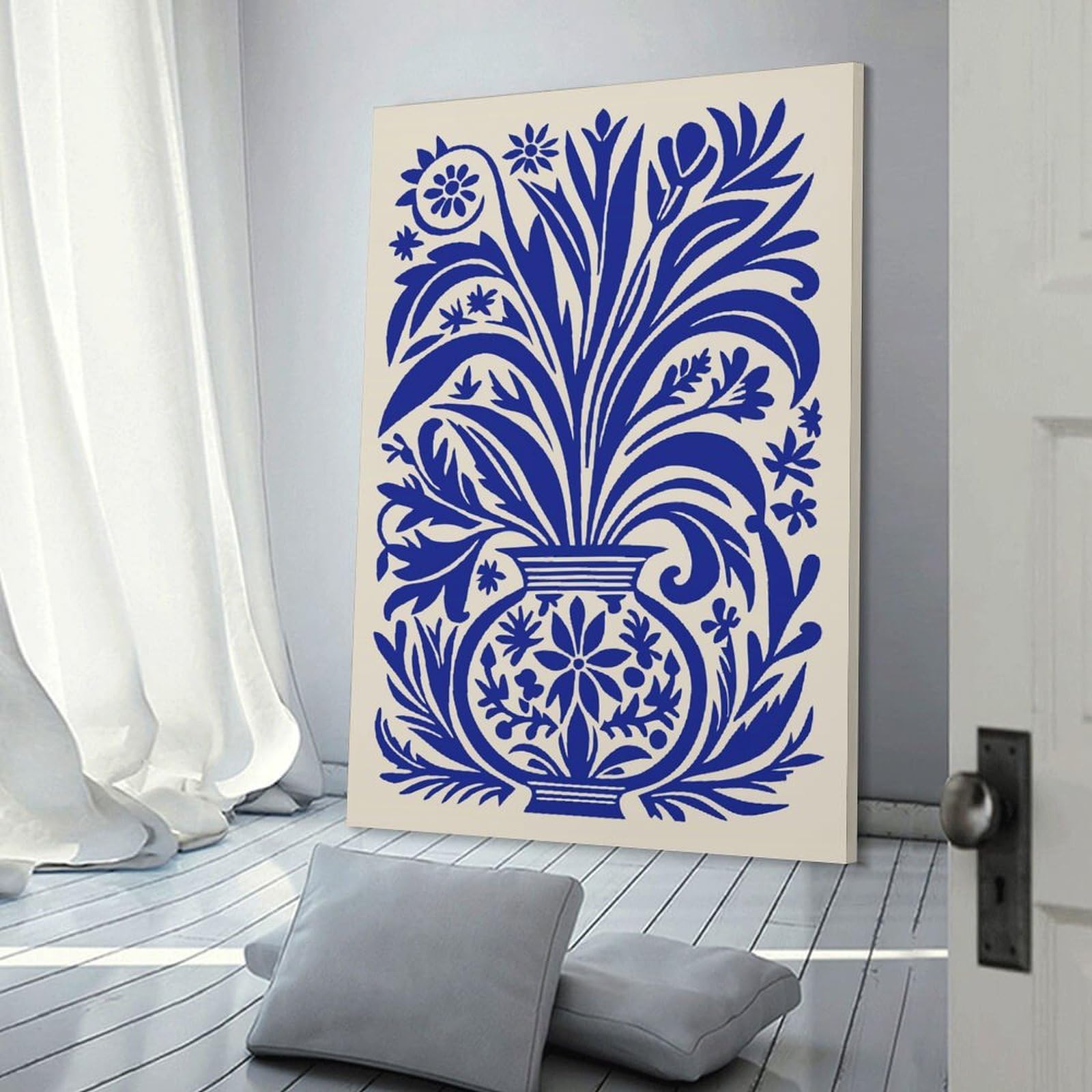 Junmoney Room Decor Wall Art Blue Floral Vase Illustration, 12x18inch(30x45cm), for Home Lounge, Bedroom Or Reading Nook, Eye Catching Artwork for Blank Walls