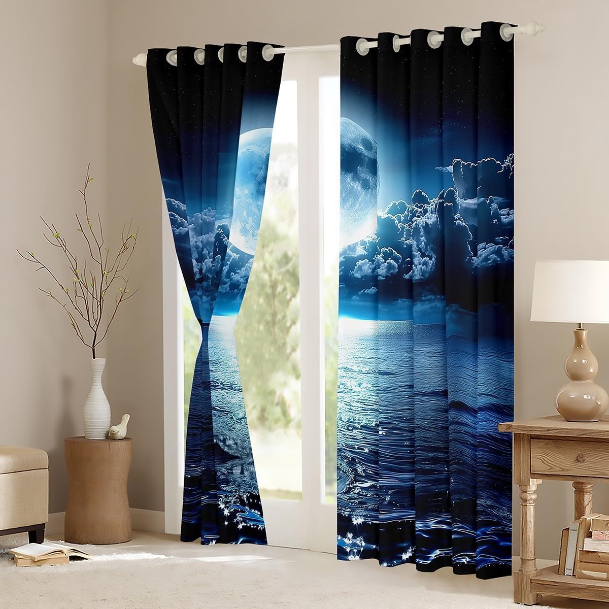 Manfei Moon Night Sky Kids Teens Curtains Dark Blue Ocean Window Curtains for Living Room Nature Scenery Window Drapes Home Decor Black Blue Window Treatments Grommets 2 Panels,52x90 Inch