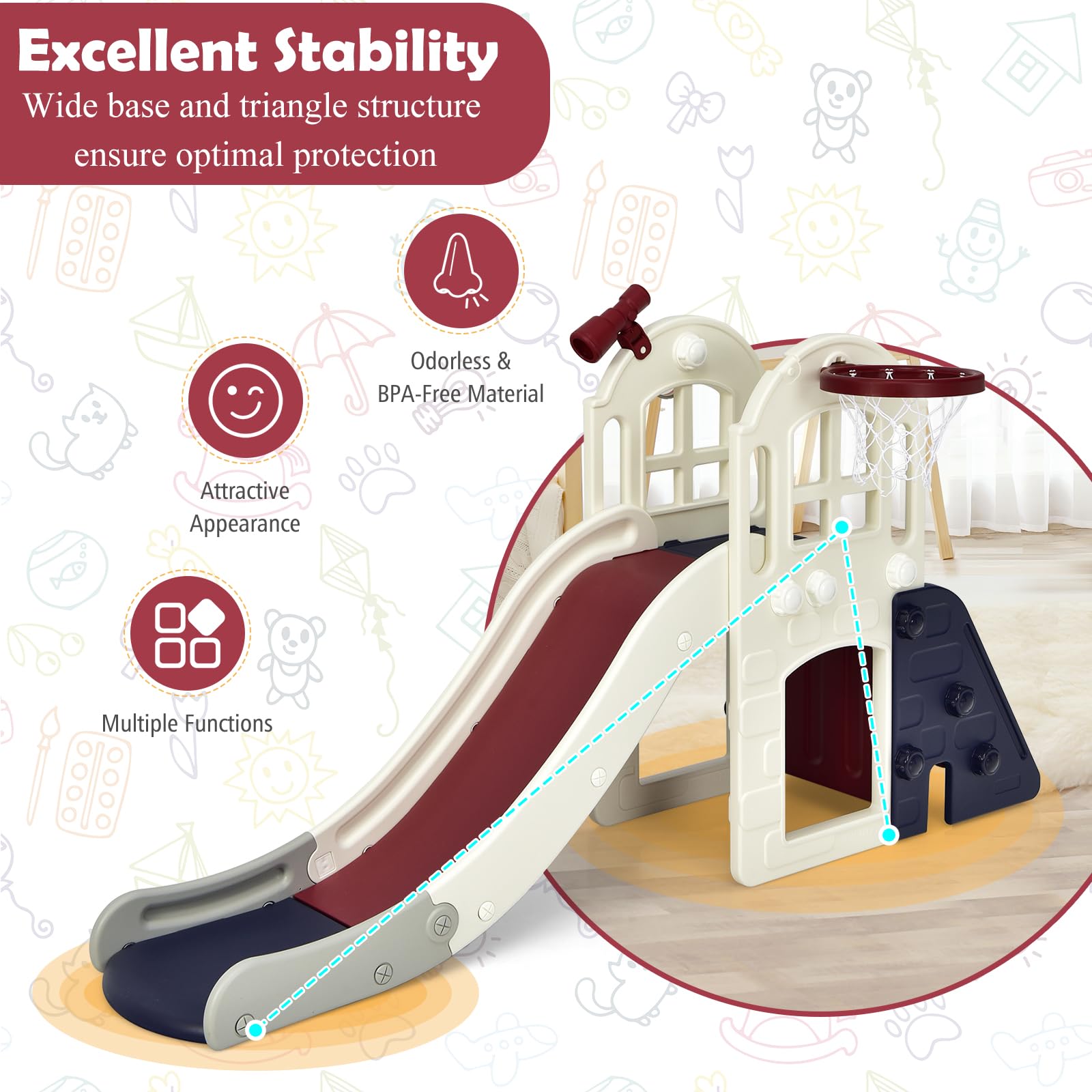 HOMASIS Parco Giochi con Scivolo, Canestro da Basket e Telescopio per Bambini 3+ Anni - Set per Interni ed Esterni, 189,5 x 83 x 98 cm (Blu)