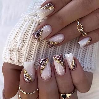 MERVF Purple Marbled Square Press on Nails - 24Pcs Medium Glitter Squoval Acrylic False Nails with Glue, Glossy Finish