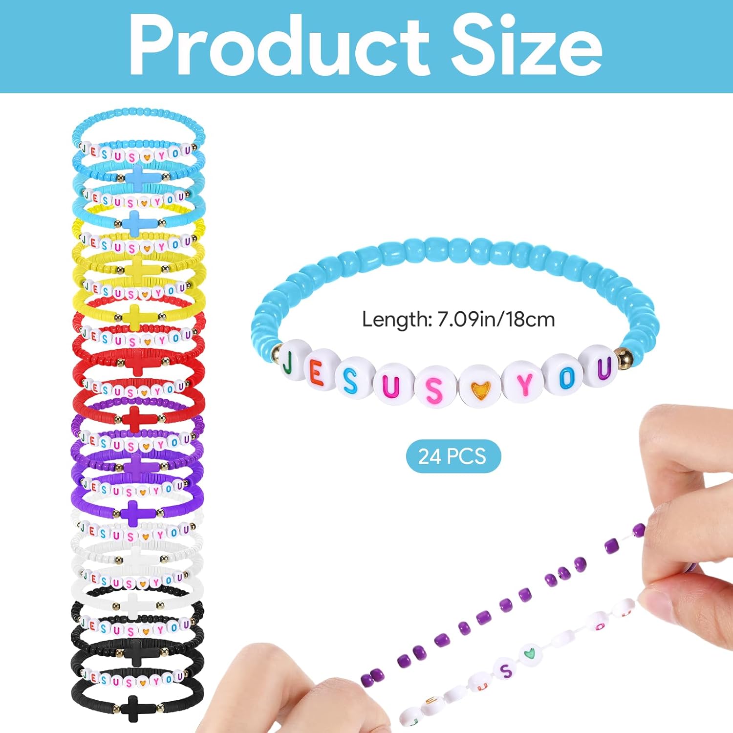 24 Pcs Jesus Bracelets, Jesus Loves You Bracelets Christian Bracelet Bulk Friendship Clay Bead Bracelet Bulk Stackable Elastic Inspirational Easter Gifts for Women Men - Image 2
