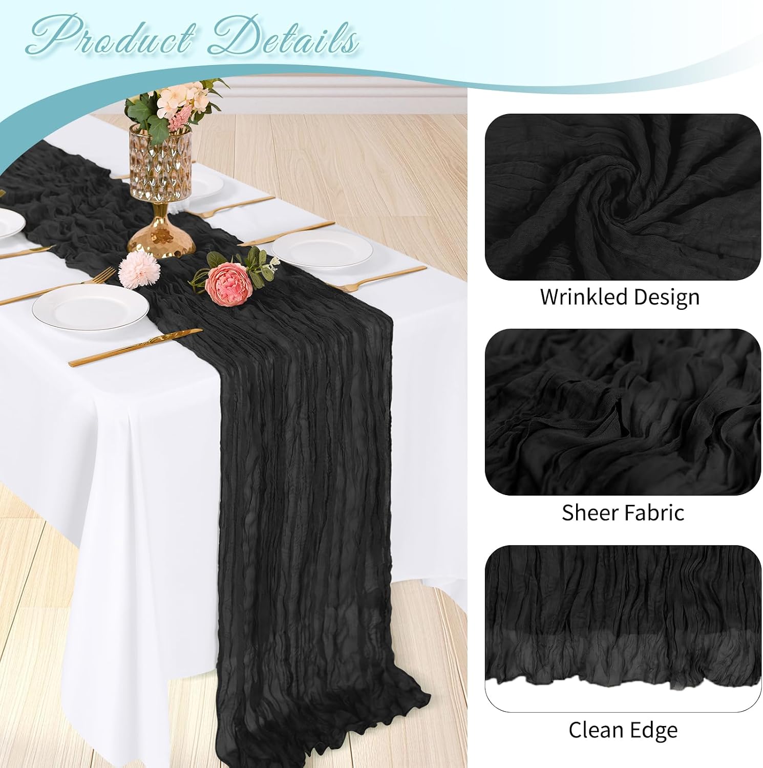 3 Pack Black Cheesecloth Table Runner, 17 x 108 inch, Semi Sheer Boho Cheese Cloth Fabric Table Runner Bulk for Wedding, Birthday, Party, Holiday, Home Decor (Black)
