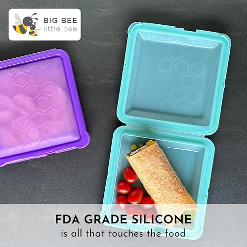 Big Bee, Little Bee - SoftShell Contenedor de silicona reutilizable para almacenamiento de alimentos con tapa conectada, fácil de limpiar, cierre a