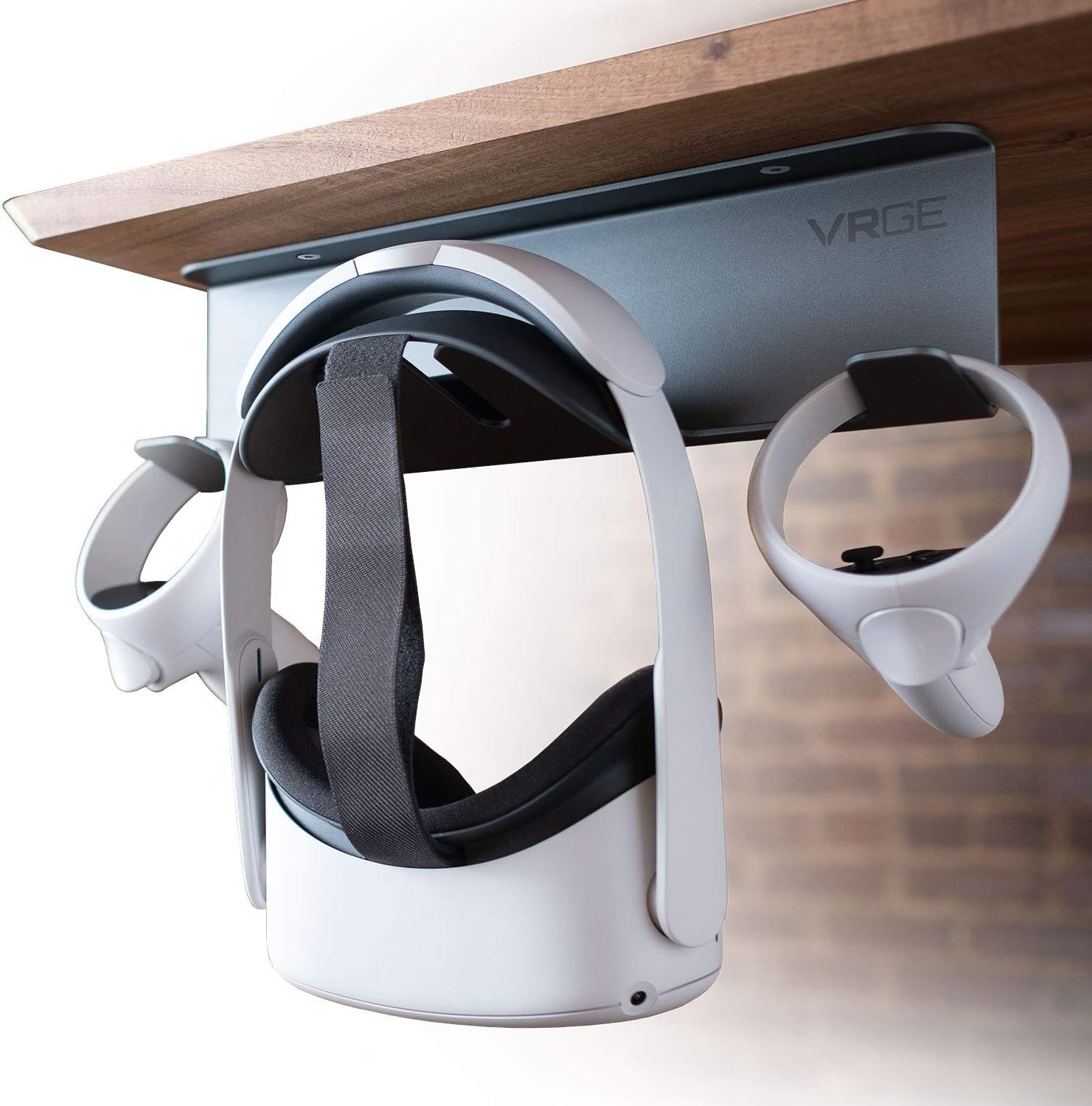 VRGE VR Stand Under Desk Storage Display Hook Organizer - Premium Metal - for Meta Oculus Quest 3/2, Sony PlayStation PS5 VR2, Valve Index and Mixed Reality Headsets