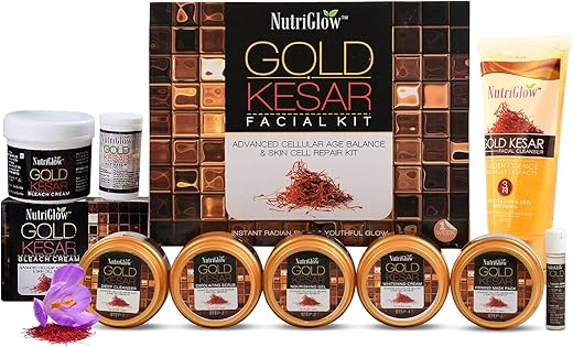 NutriGlow Gold Kesar Facial Kit (250gm + 10ml) with Bleach Cream (43gm) & Face Wash (65ml), All Skin Types (Pack Of 3)