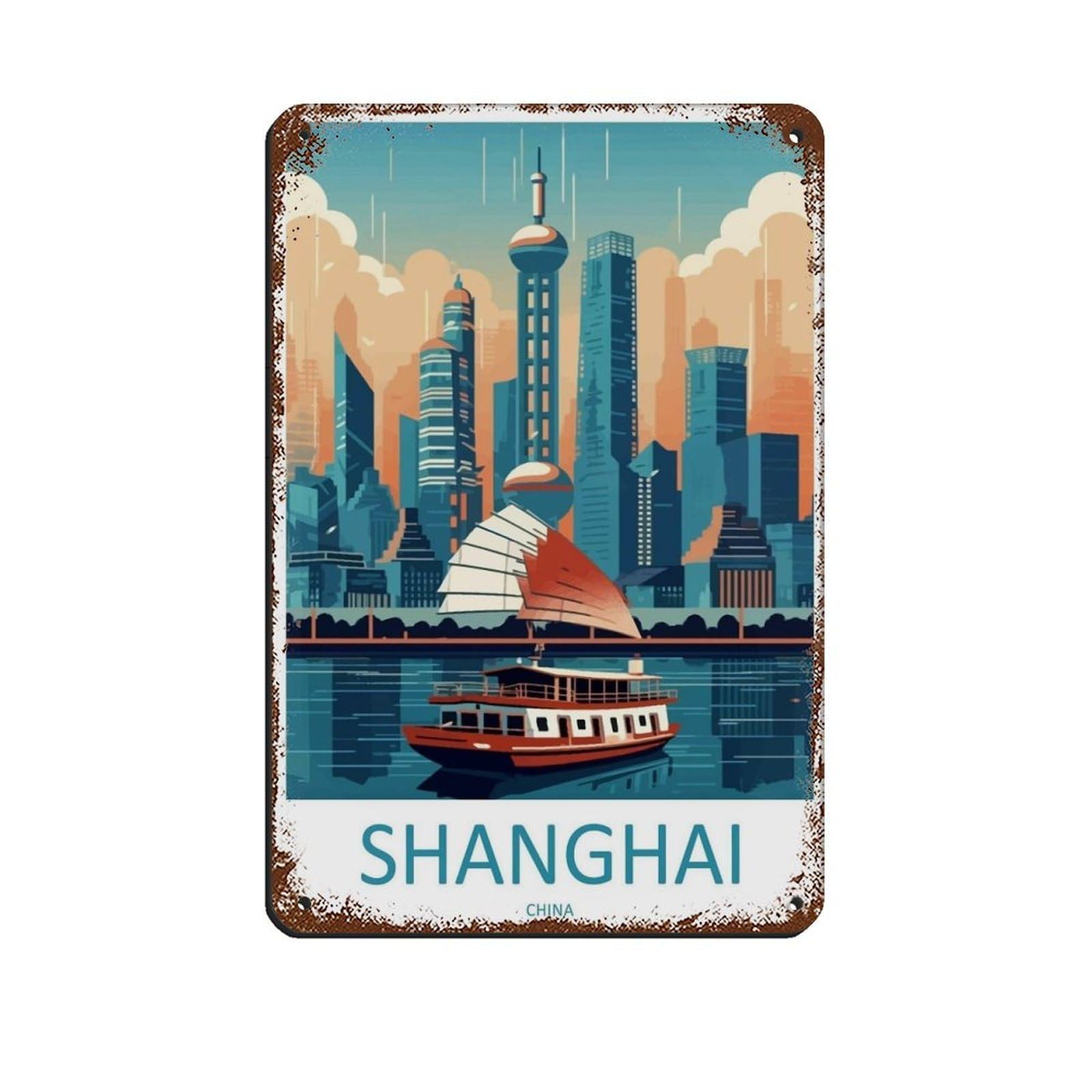 Shanghai Travel Art China Shanghai Art Gift Tin Sign Vintage Metal Pub Club Cafe Bar Home Wall Art Decoration Poster Retro 8x12inch(20x30cm)