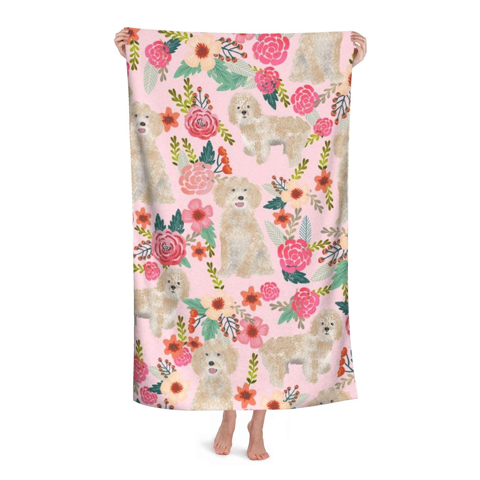 Loujin Pink Beach Towel Cockapoo Dog Florals Cockapoo Cream Dog Highly Absorbent Microfiber Blanket Soft Oversized Bath Towels 80X130cm