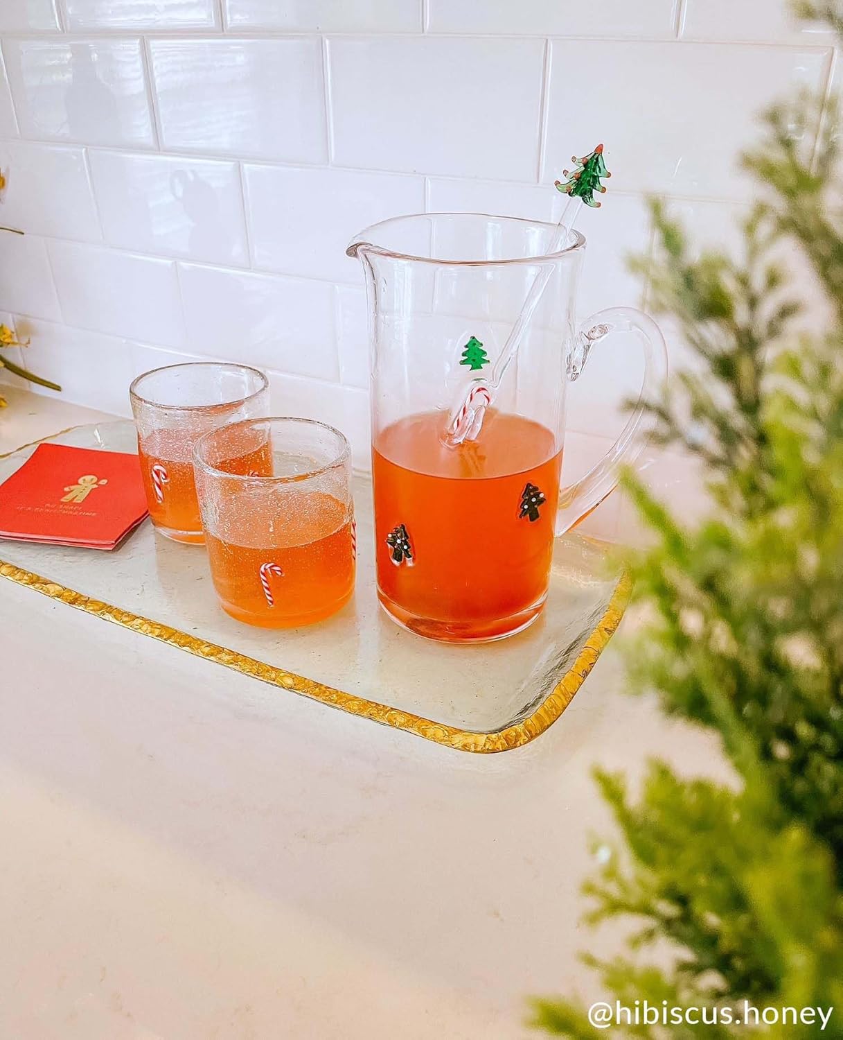 Mud Pie Glass Candy Cane Pitcher; Pitcher 50 Oz | Stirrer 10 1/2"