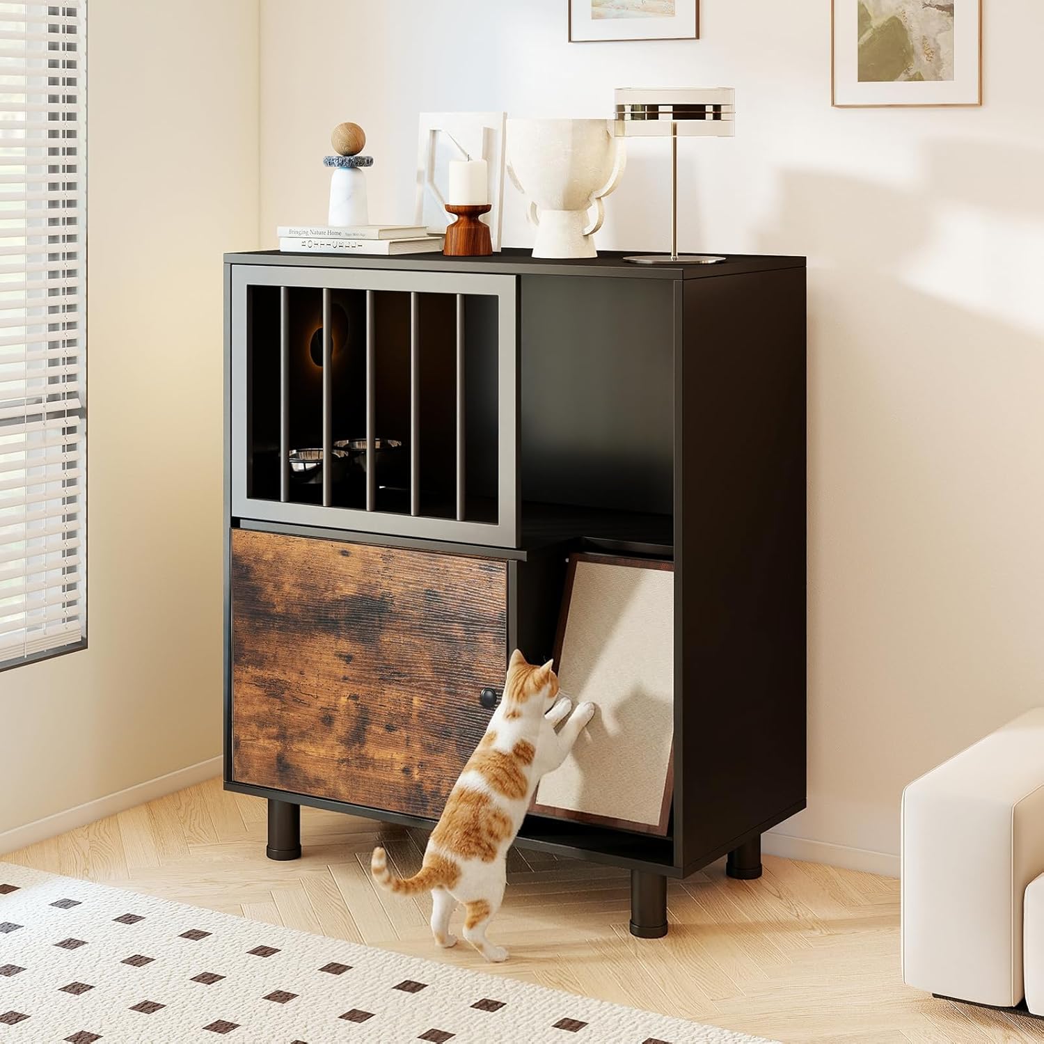 Rovibek Dog Proof Cat Feeding Station, Cat Feeding Station with Storage, Elevated Cat Feeding Table with Scratching Board, Indoor Pet Food Storage Cabinet