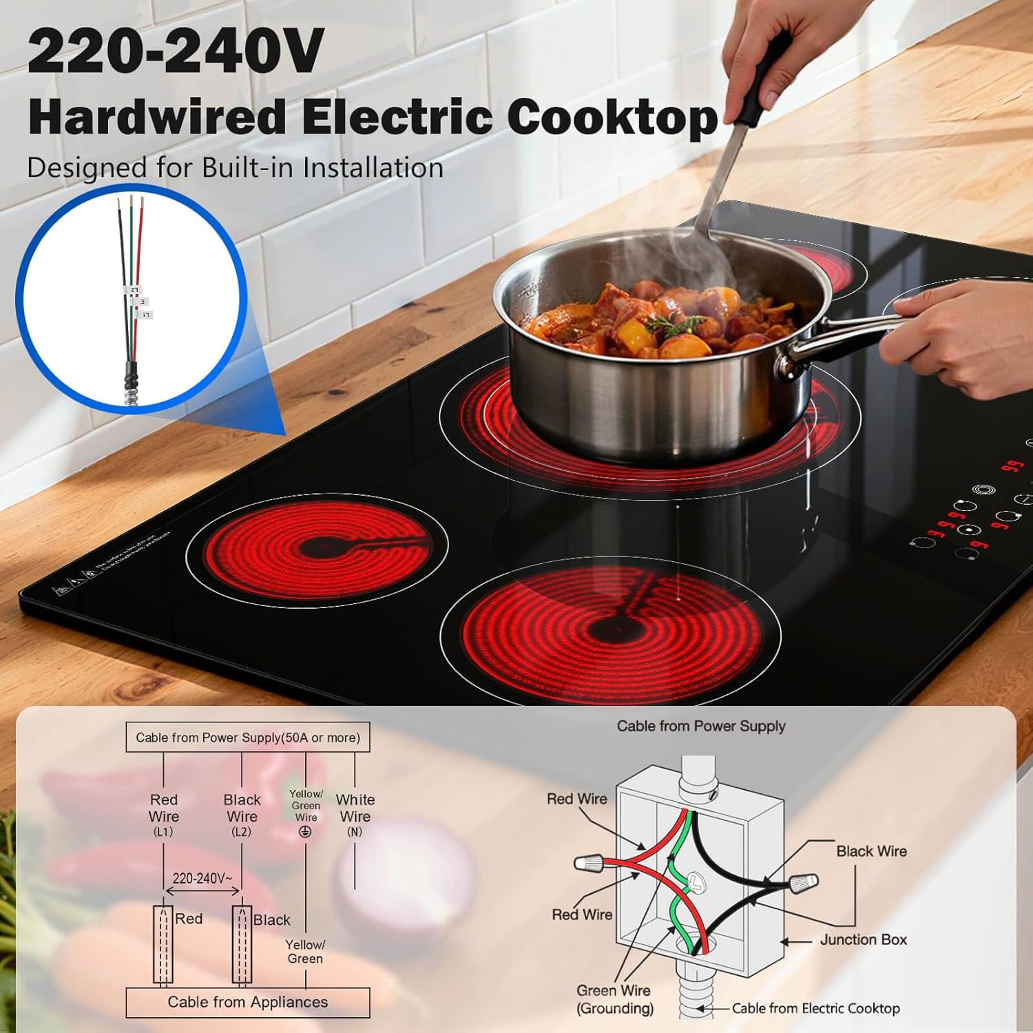 Wiring diagram for 220-240V hardwired electric cooktop installation