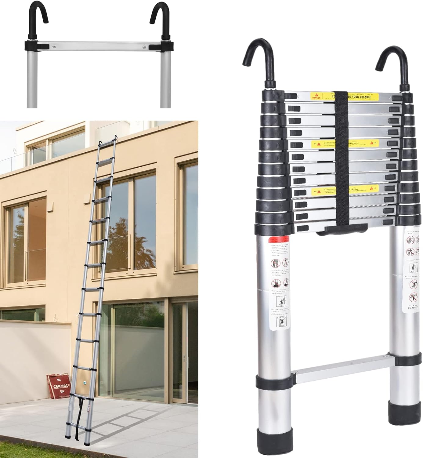 Extension Ladder 16.5ft with Removable Hooks Aluminum Telescopic Ladder