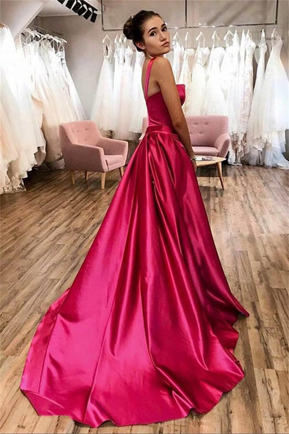 Women's Satin Sleeveless Sexy Prom Dress Backless Long with Train A Line Formal Cocktail Dress for Evening Party