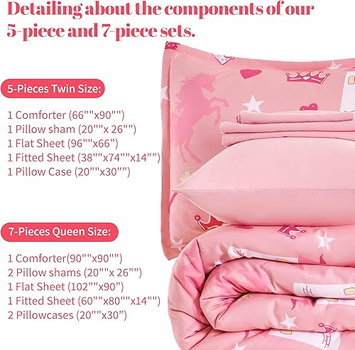 Miniatura 6 de Juego de edredón rosa tamaño individual, juego de edredón alternativo de microfibra de lujo de 5 piezas, fiesta de castillo