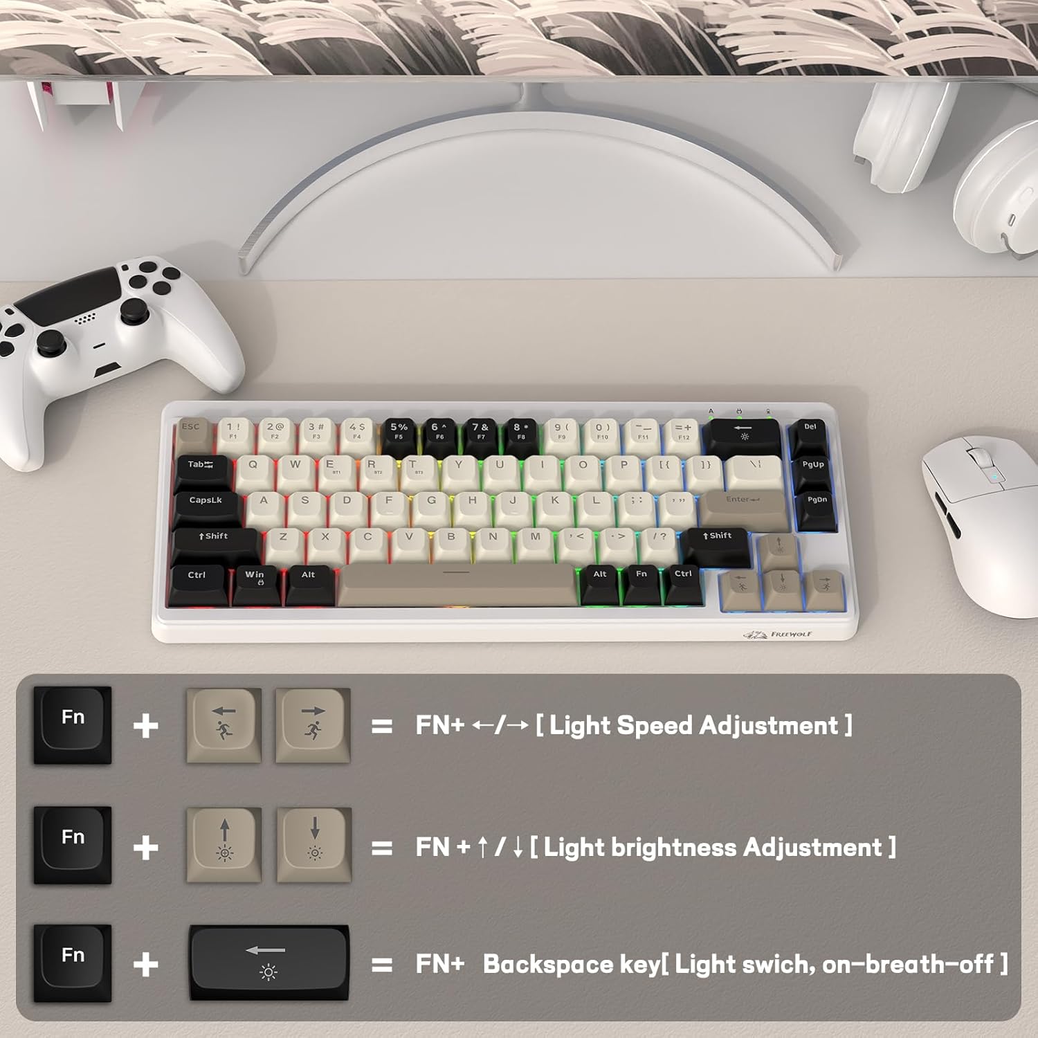 FREEWOLF M68 65% Wireless Gaming Keyboard,Bluetooth/2.4GHz/ Wired Tri-Mode Silent Membrane Keyboard,PBT Keycaps,2000mAH Rechargeable,67 Keys Rainbow LED Backlit PC Gaming Keyboard for Win/Mac-Cheese
