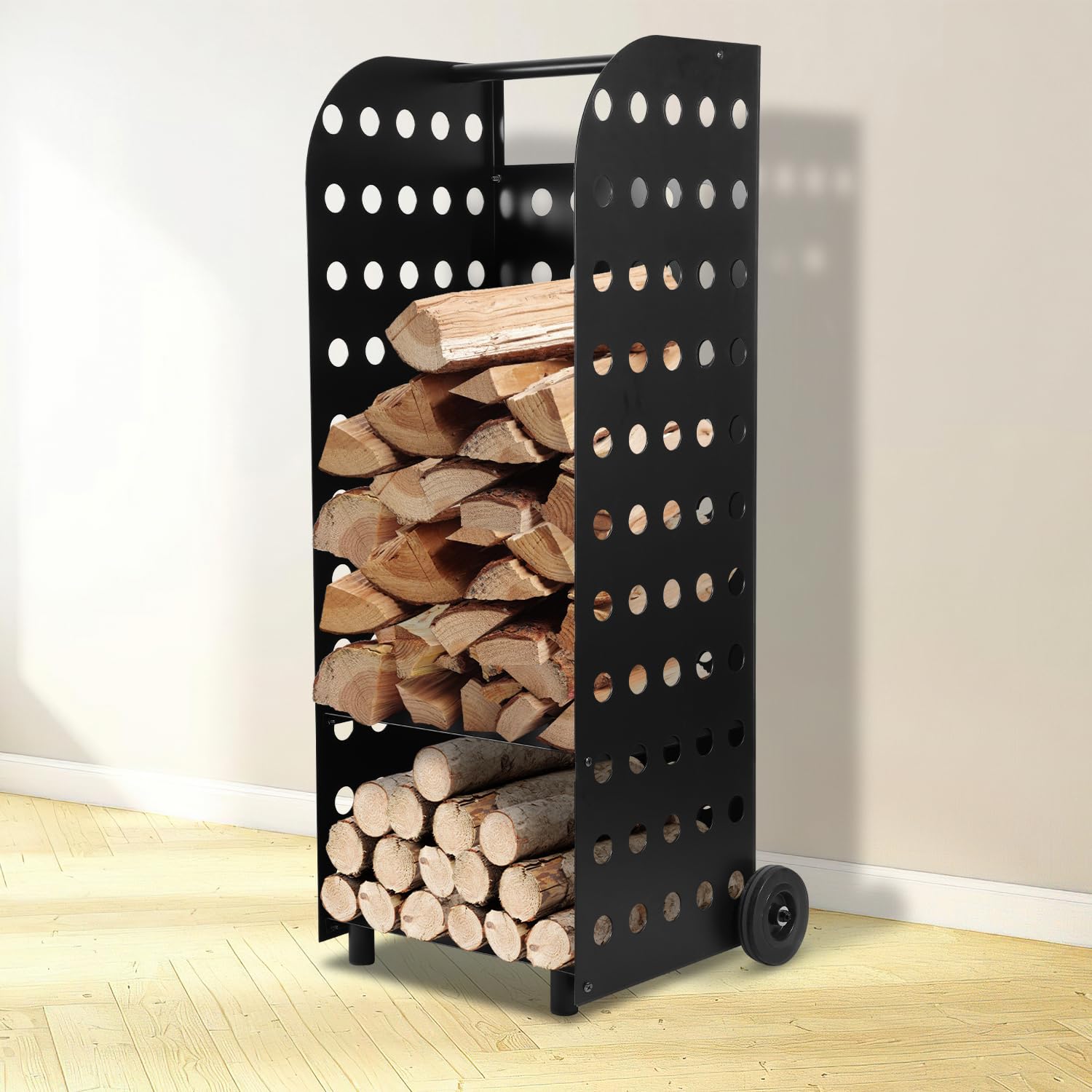 Wózek na drewno kominkowe, 42 x 35 x 112 cm, stal malowana proszkowo, kolor czarny, wózek transportowy na drewno opałowe do 60 kg, z 2 gumowymi kółkami, mobilny magazyn drewniany, akcesoria