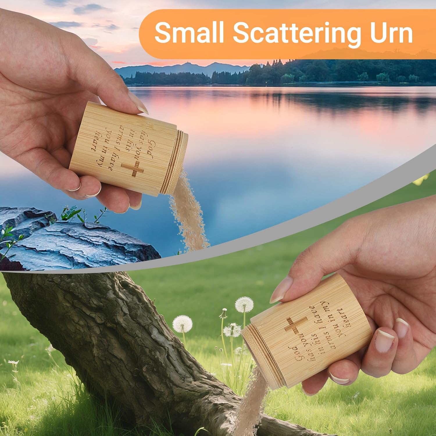 Small Scattering Urns for Human Ashes Set of 1, Natural Bamboo, Mini Keepsake Cremation Urn with Cross Pattern Engraved, for Made Female Adult Pets, 1.9" Wx 3" H - Image 6