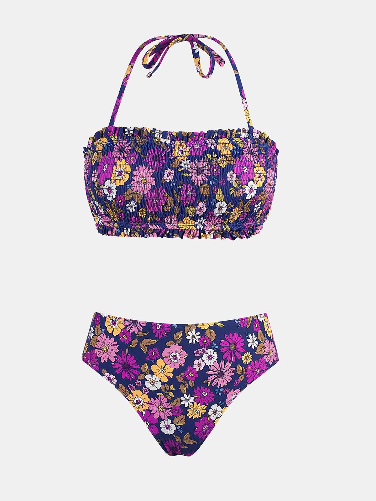 CUPSHE Conjunto de Bikini para Mujer, Traje de baño de Dos Piezas, Parte Superior de Bandeau con Lazo en la Espalda, Parte Inferior de Cintura Media con Correas de Hombro extraíbles