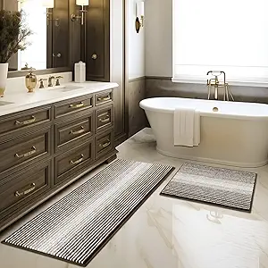 BSICPRO Bathroom Rugs and Mats Sets, 2 Piece Thick Absorbent Chenille Bath Mat Rug Set Non Slip, Soft Shaggy Bath Room Floor Mats for Bathroom, Machine Washable (Latte, 20" x 47" Plus 20" x 32")