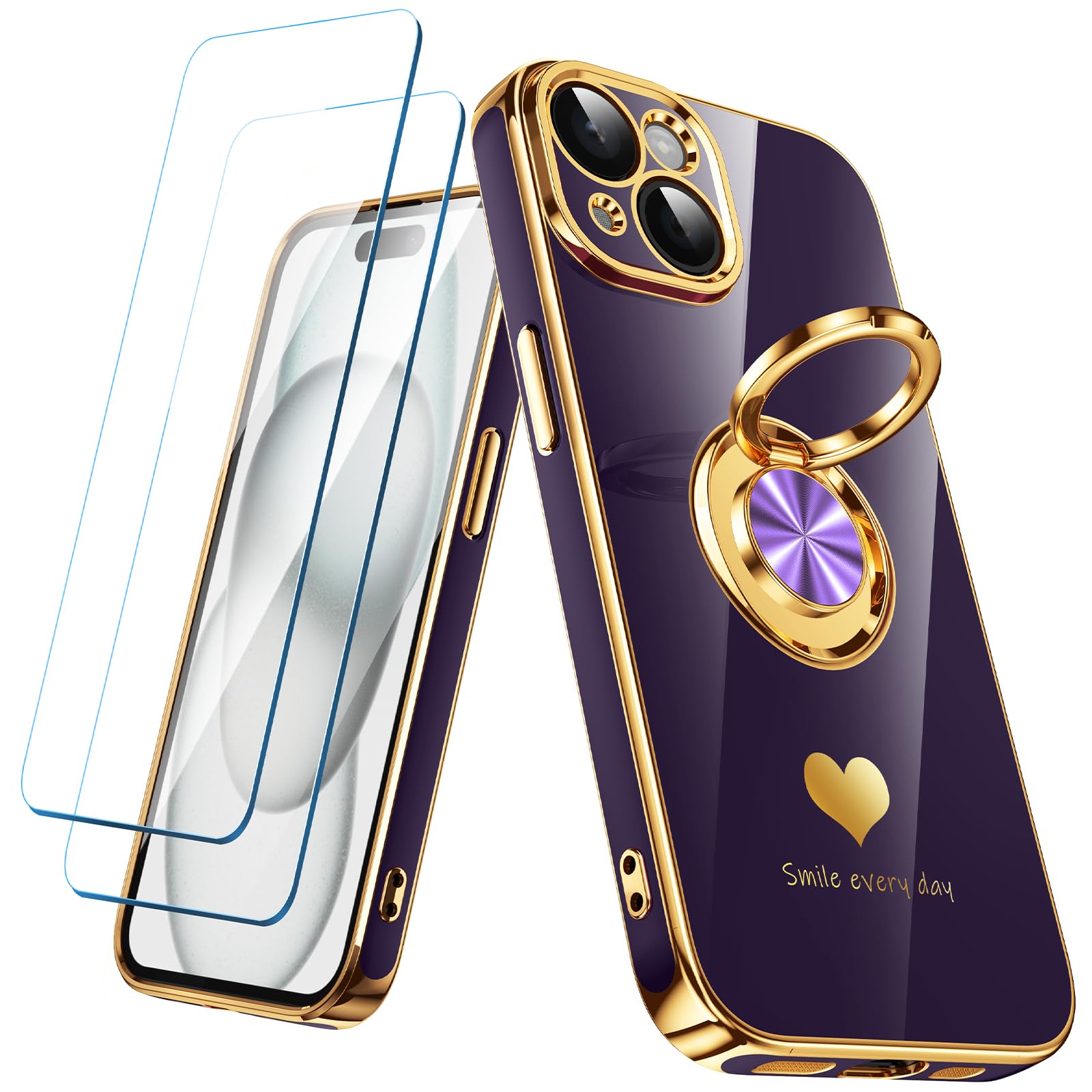 Nonional Compatible for iPhone 15 Case with 2 Pack Screen Protector, 360° Rotatable Ring Holder [Luxury Hearts Pattern] Plating Gold Edge Slim Soft Phone Cover Case for iPhone 15 - Purple