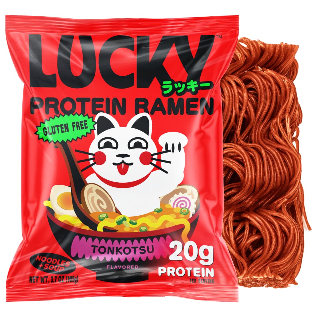 Lucky High Protein, Gluten Free Ramen Noodles, Tonkotsu Flavor | 20g Protein | No MSG, Air Dried, Reduced Sodium, Healthy, Vegetarian | Rice Ramen + Soup | Instant, Ready in 8 Minutes | 6-Pack