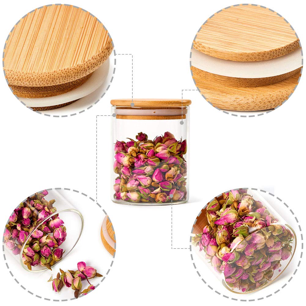 EZOWARE Set di 8 Barattoli di Vetro, Contenitori per la Conservazione degli Alimenti con Coperchio di Legno Bambù Ermetico per Tè Caffè Farina Cereali Fagioli, Vetro Borosilicato - 450ml