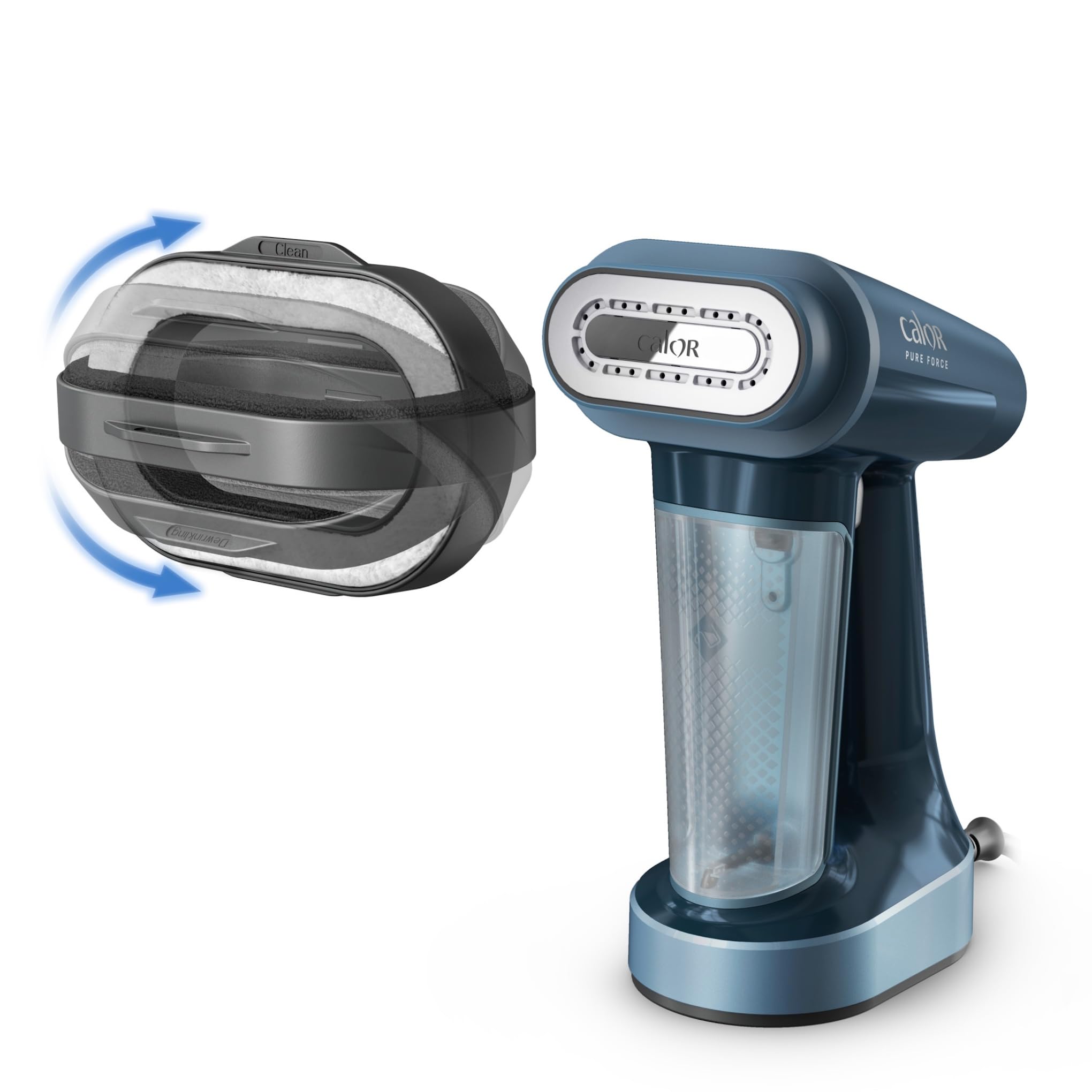Calor Pure Force 3en1, Défroisseur à main et fer à repasser, Utilisation verticale/horizontale, Nettoie, 1800W, 35g/min, Prêt en 25s, DT8755C0, Bleu Métallisé