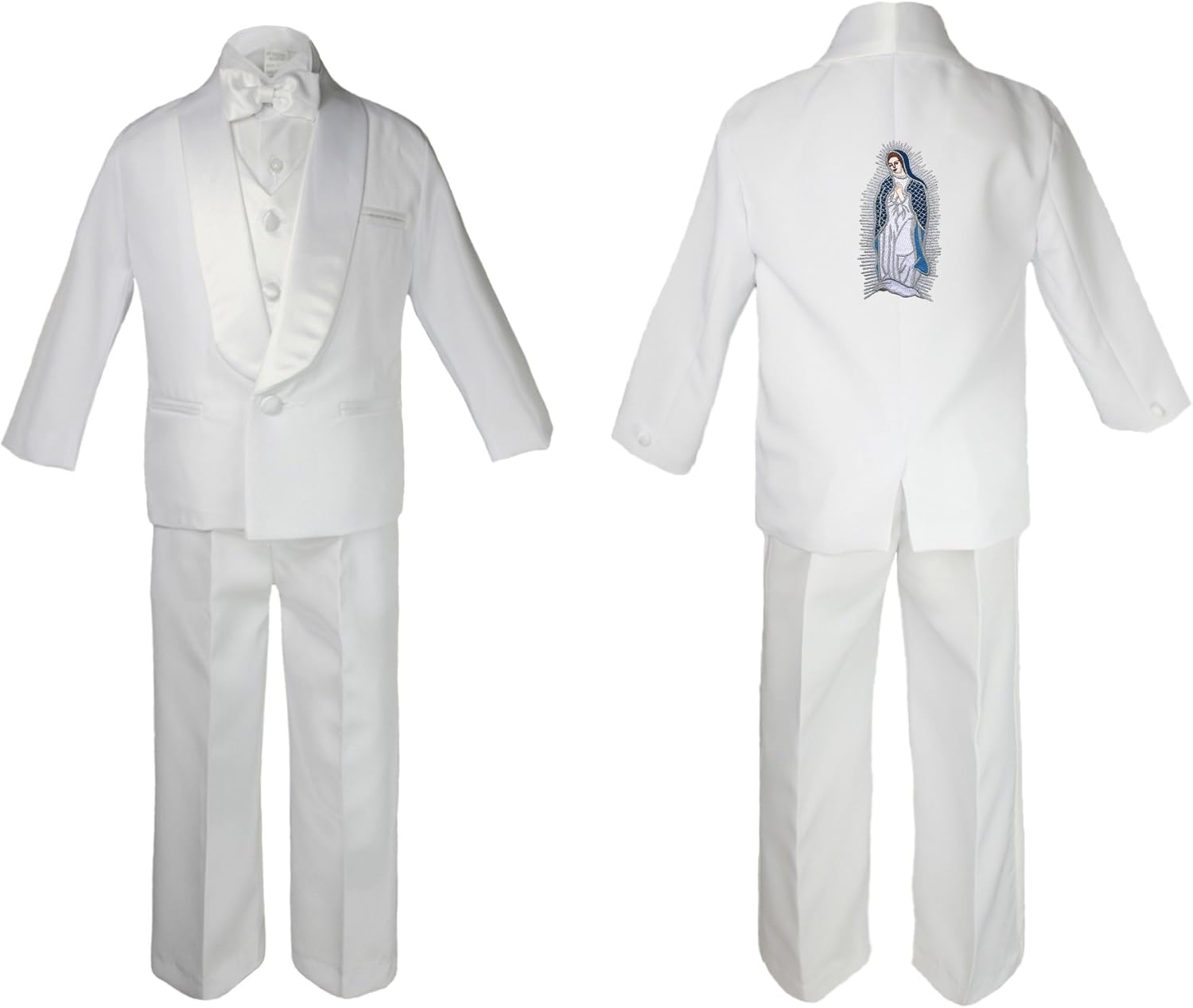 New Born Baby Boy Christening Baptism White Suit Maria Guadalupe On Back Sm-7 (Large (12-18 Months), Full Color Silver No Word)