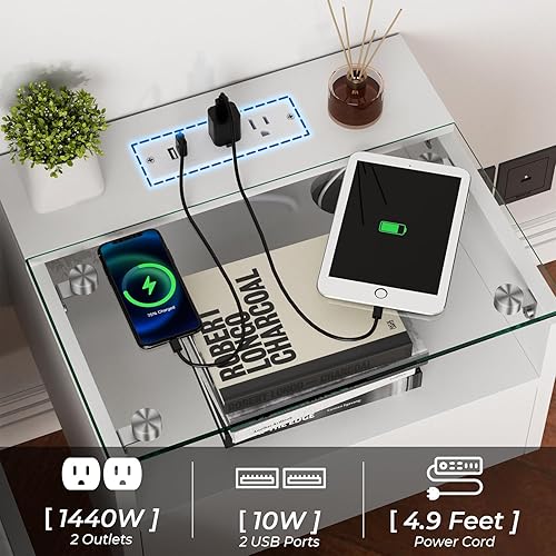 Miniatura 6 de yacchi home Juego de 2 mesitas de noche flotantes con estación de carga y LED, mesita de noche para sala de estar, pared de entrada, mesita de noche