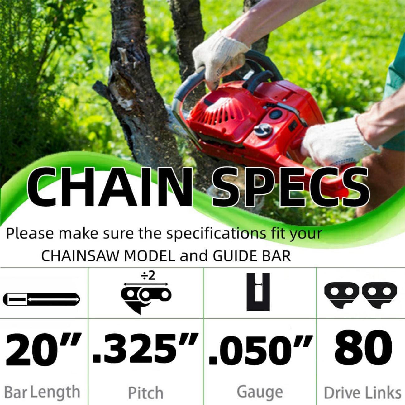 20 Inch Chainsaw Chain .325" Pitch .050" Gauge 80 Drive Links Fits For HUSQVARNA 445 450 581643680, JONSERED, CRAFTSMA and More (3 chainsaw chains)