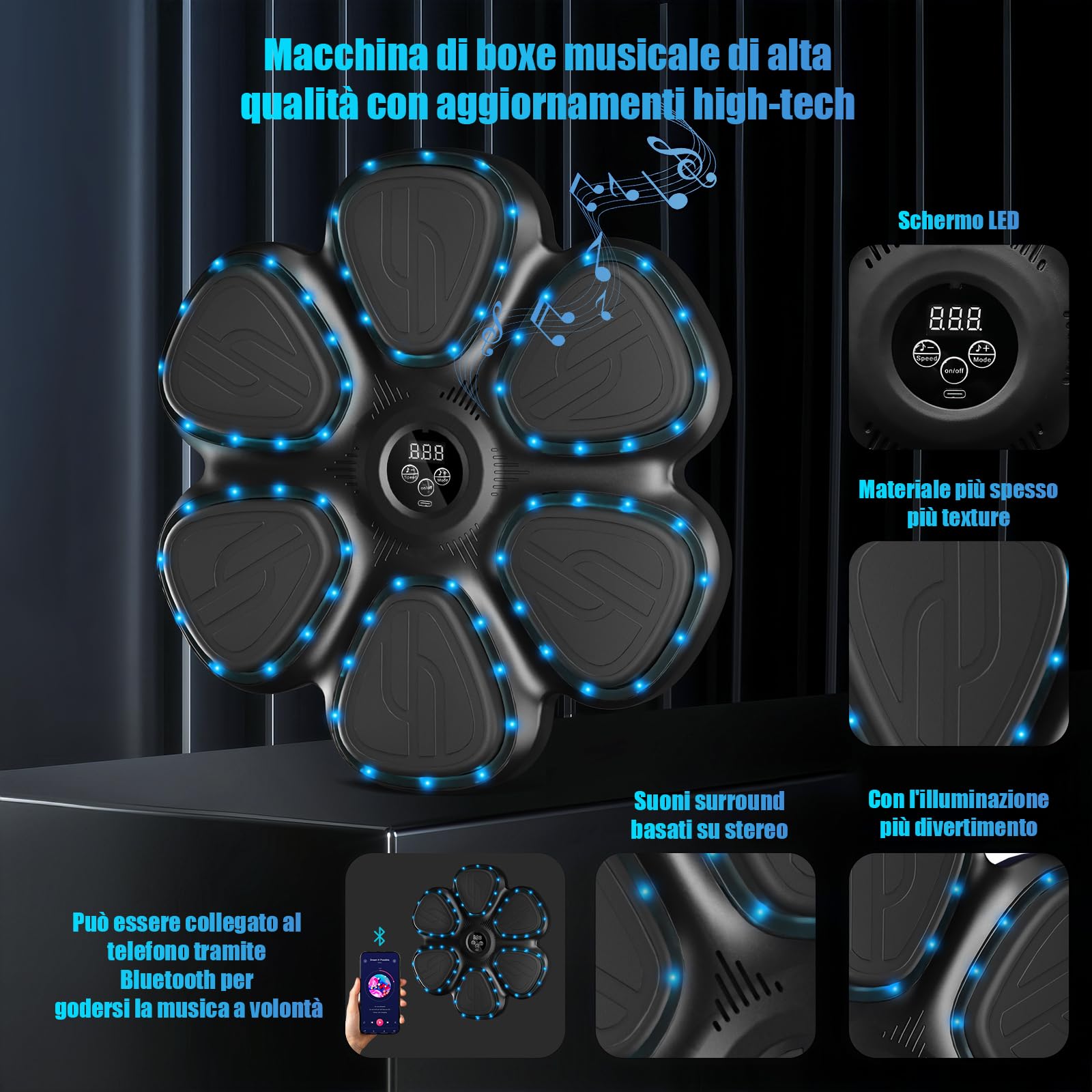 Macchina di Boxe Musicale Intelligente per Adulti/Bambini, Macchina di Boxe Elettronica Bluetooth con Musica, 12 velocità Regolabili e modalità di conteggio