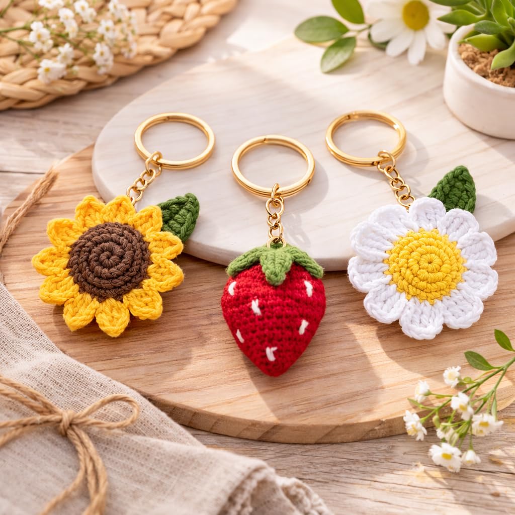 Handmade Crochet Keychain Set – Sunflower, Strawberry & Daisy Key Rings for Women & Girls – Cute Boho Aesthetic Bag Charm, Car Key Holder, Gift for Her (3 Pcs)-image-5