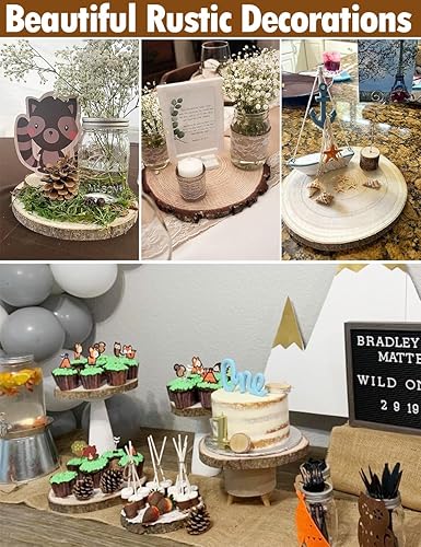 Miniatura 18 de wohohoho 32 piezas de 3.2-3.6 pulgadas de rebanadas de madera natural, kit de madera para manualidades sin terminar, preperforado con agujero