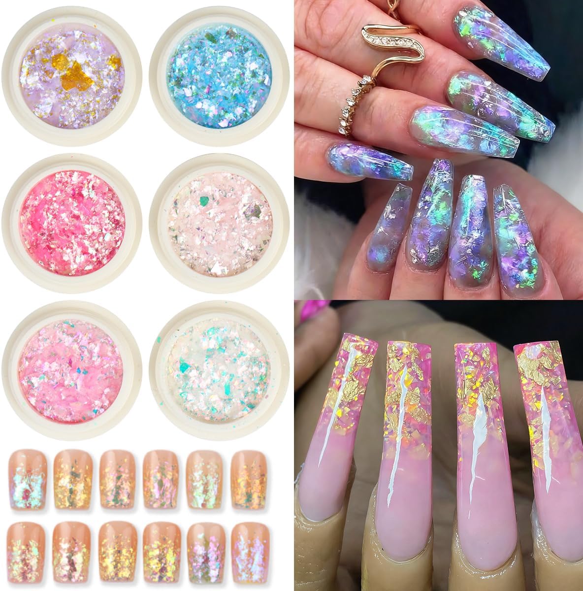 Colorful Moonlight Chameleon Flakes, Irregular Opal Nail Foil Flakes Chunky Confetti, Color-Shift Iridescent Fairy Dust Sequins, Mermaid Nail Art Decorations for DIY Manicure