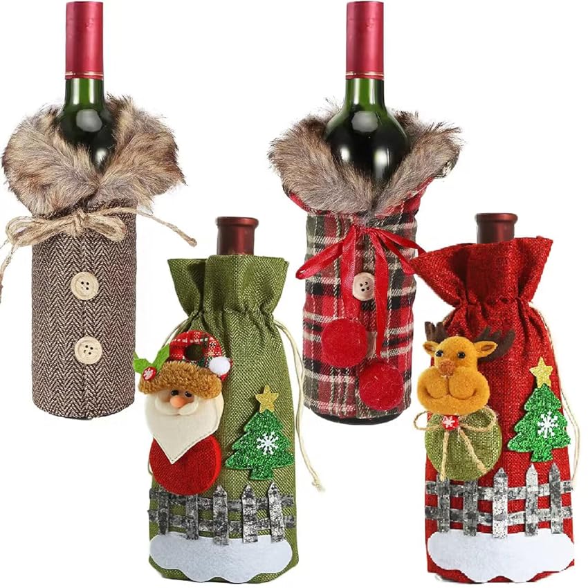 Immagine del prodotto CUKIN Copribottiglia Natale,Sacchetti di Vino Natalizi,Confezione da 4 Copribottiglie di Vino Con Coulisse Sacchetti Regalo Natalizi per Bottiglie di Vino per Decorazione Tavolo tatalizia