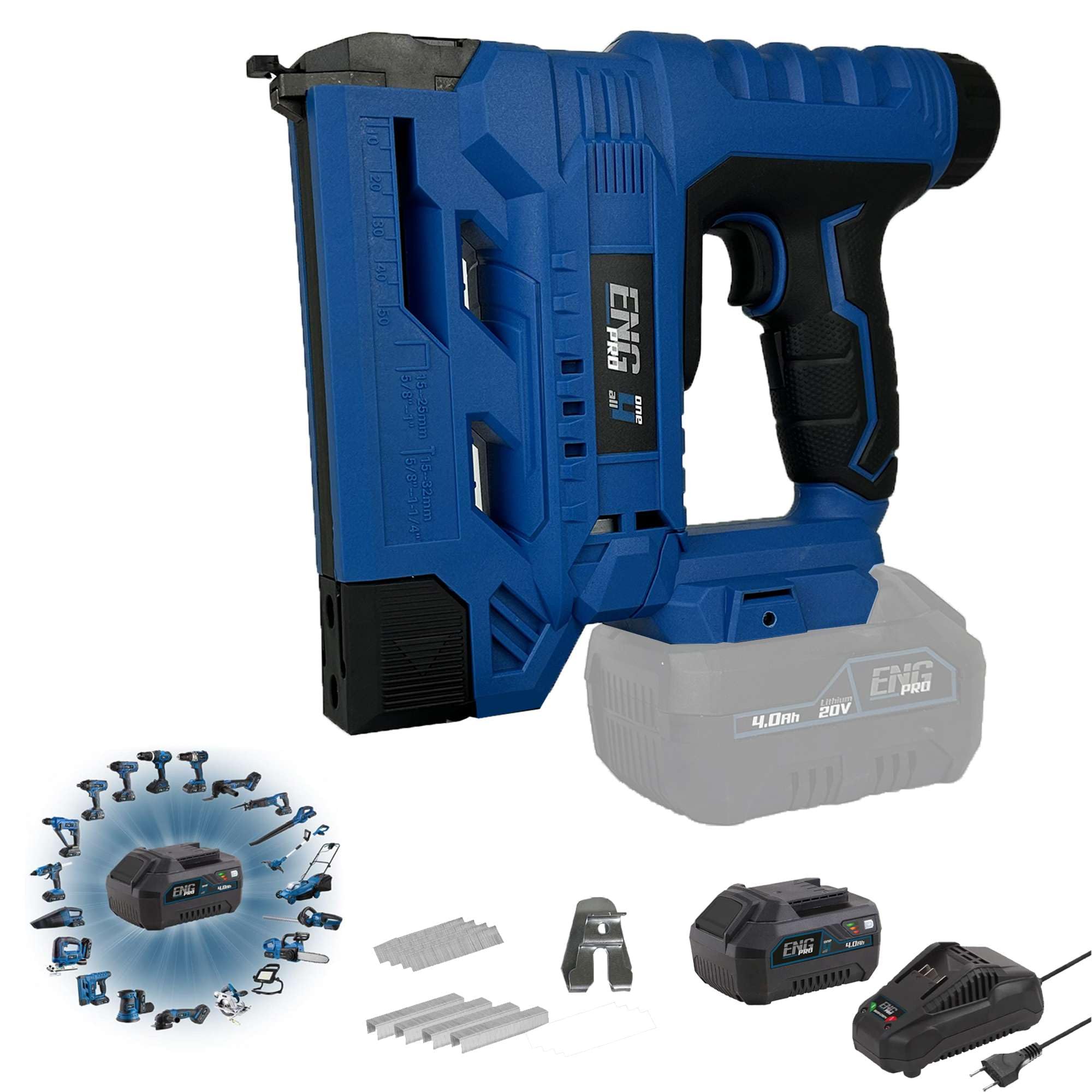 Graffettatrice e Sparachiodi 2-in-1 senza fili | Linea Professionale a Batteria ONE4ALL 20V |Chiodatrice a batteria pistola sparachiodi| 1 Batteria 4.0 Ah