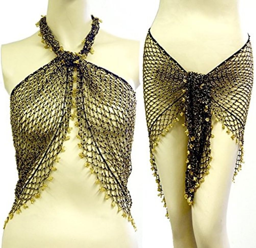 Belly Dance Triangle Beaded Fishnet Fringed Hip Scarf Wrap Belt -- Black/gold