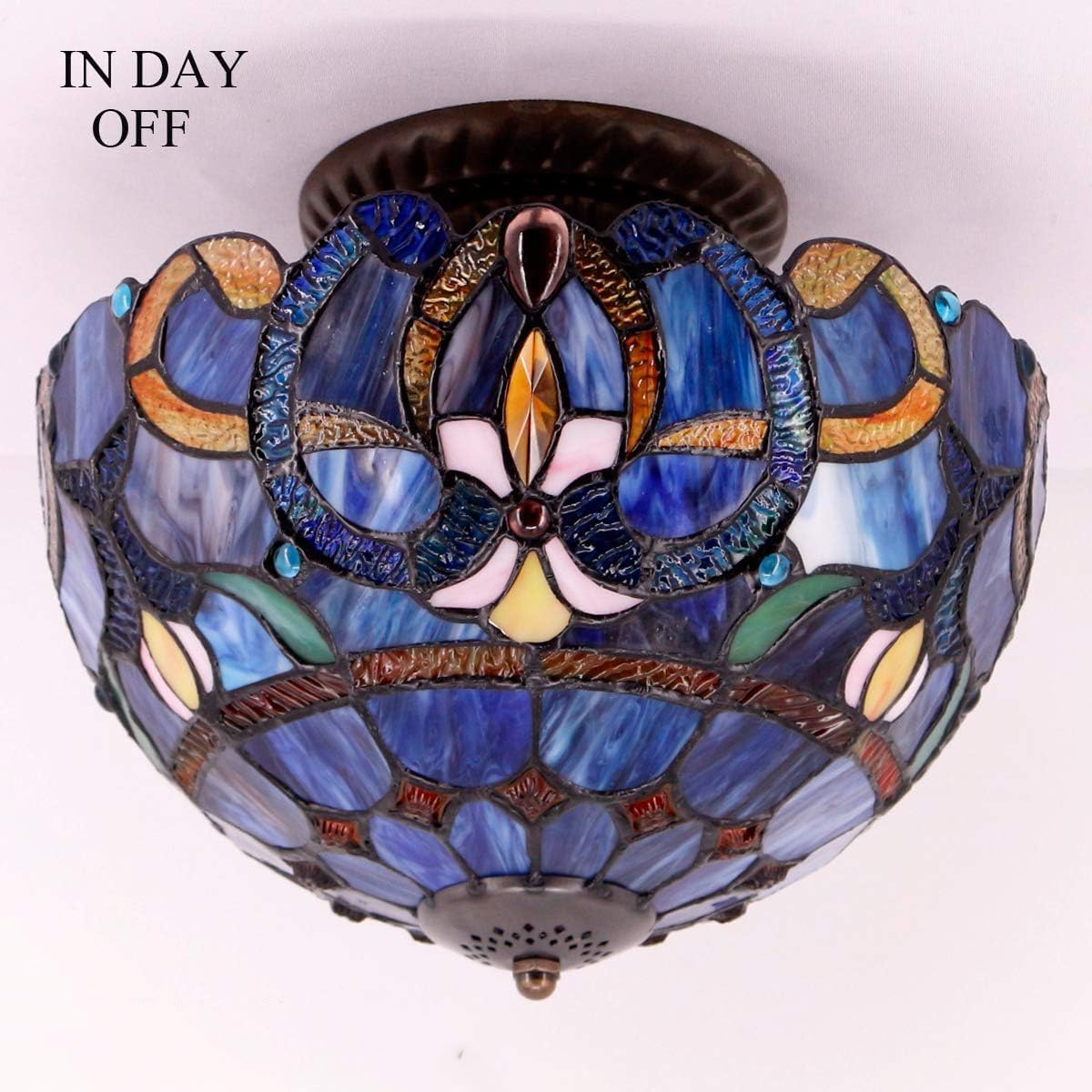 WERFACTORY Tiffany Ceiling Light Fixture Blue Purple Cloudy Stained Glass Semi Flush Mount Lamp Wide 12 Inch, Height 11 Inch S558 Series